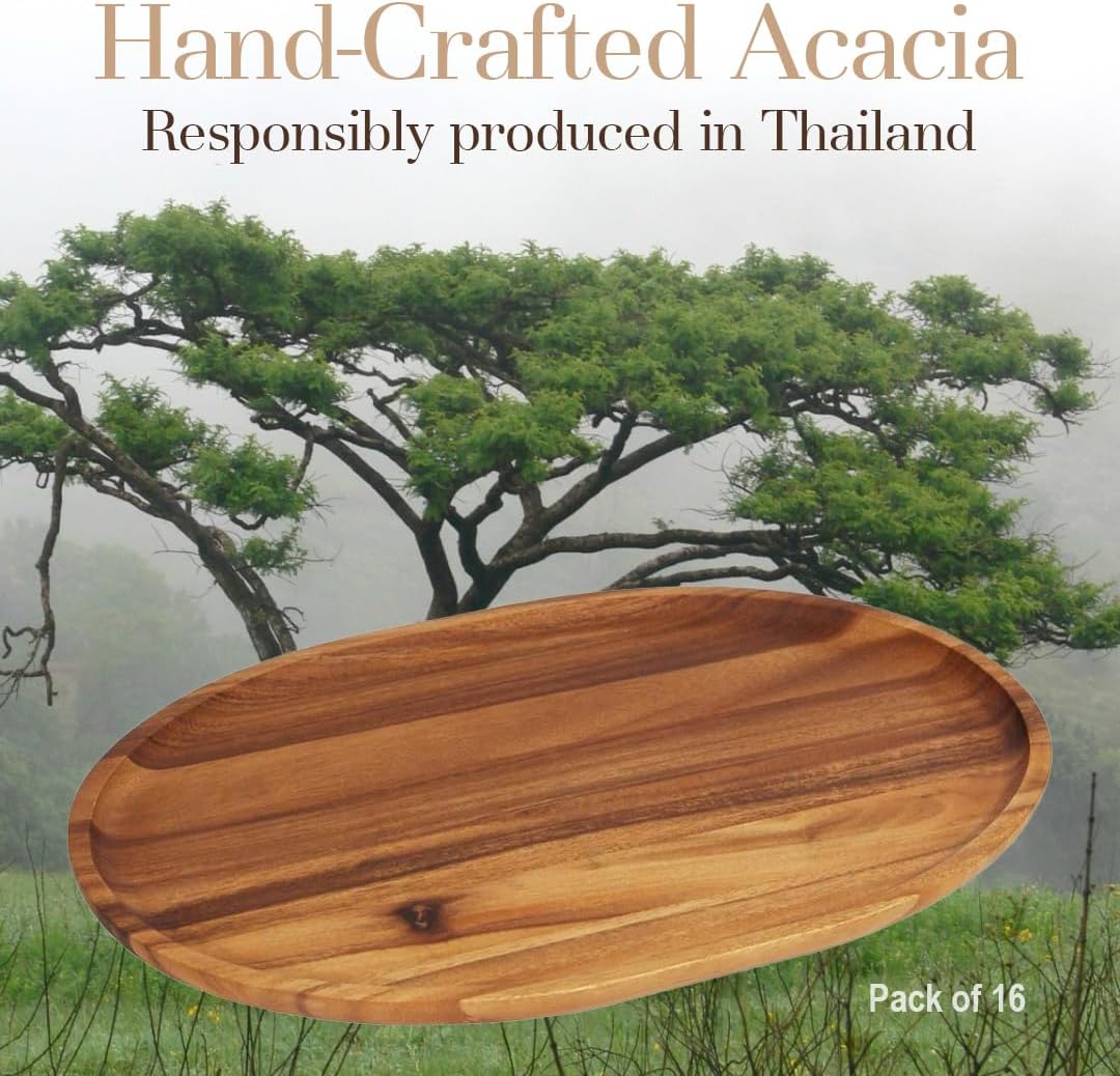 Woodard &amp; Charles Acacia Wood Large Oval Serving Tray, 10" x 15", 16 Pack | Acacia Wood Oval Serving Tray; Perfect for Charcuterie, Cheese, Tapas, Sushi, Crudités and Appetizers at Any Gathering
