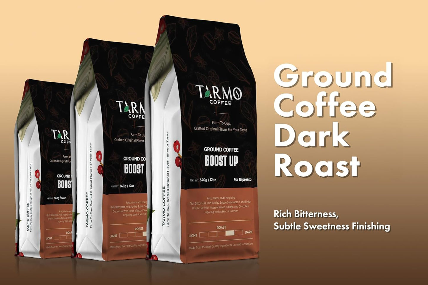 TARMO -BOOST UP | Low Acid ARABICA &amp; ROBUSTA BLEND Ground Coffee | Specialty Vietnamese Coffee | Single Origin - Dark Roast | High Caffeine Coffee Ground | 12 Oz Bag