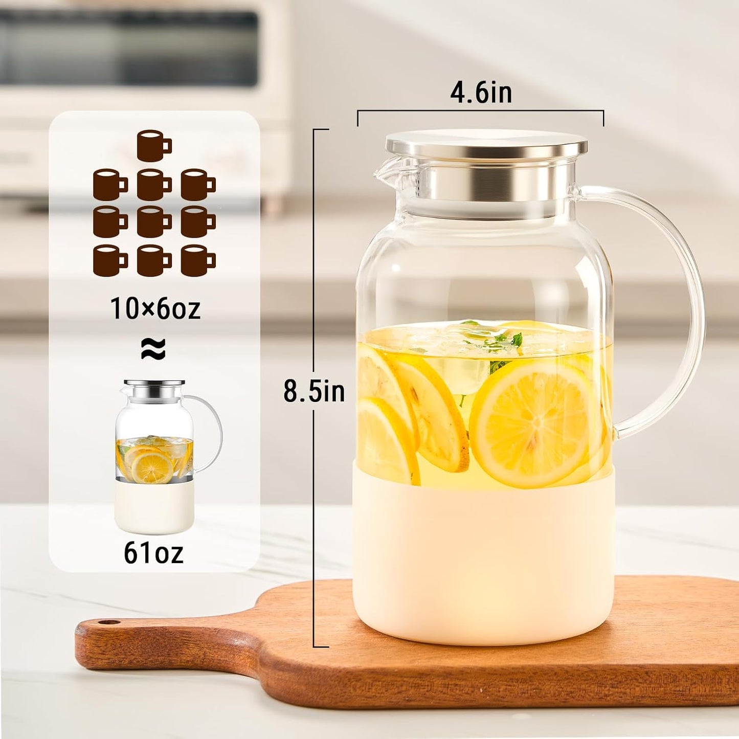 PARACITY Glass Pitcher with Lid, 61 oz Glass Water Pitcher, Off-White Base | Glass carafe with lid; silicone base for hot or cold coffee, lemonade and milk, serves as a juice pitcher or water jug