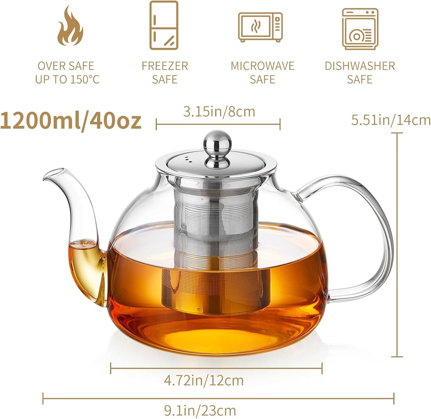 DOPUDO Glass Teapot with Infuser, 40 oz Borosilicate Tea Kettle | Clear borosilicate glass with removable 18/8 steel infuser for stovetop brewing of loose-leaf, herbal, and blooming tea.