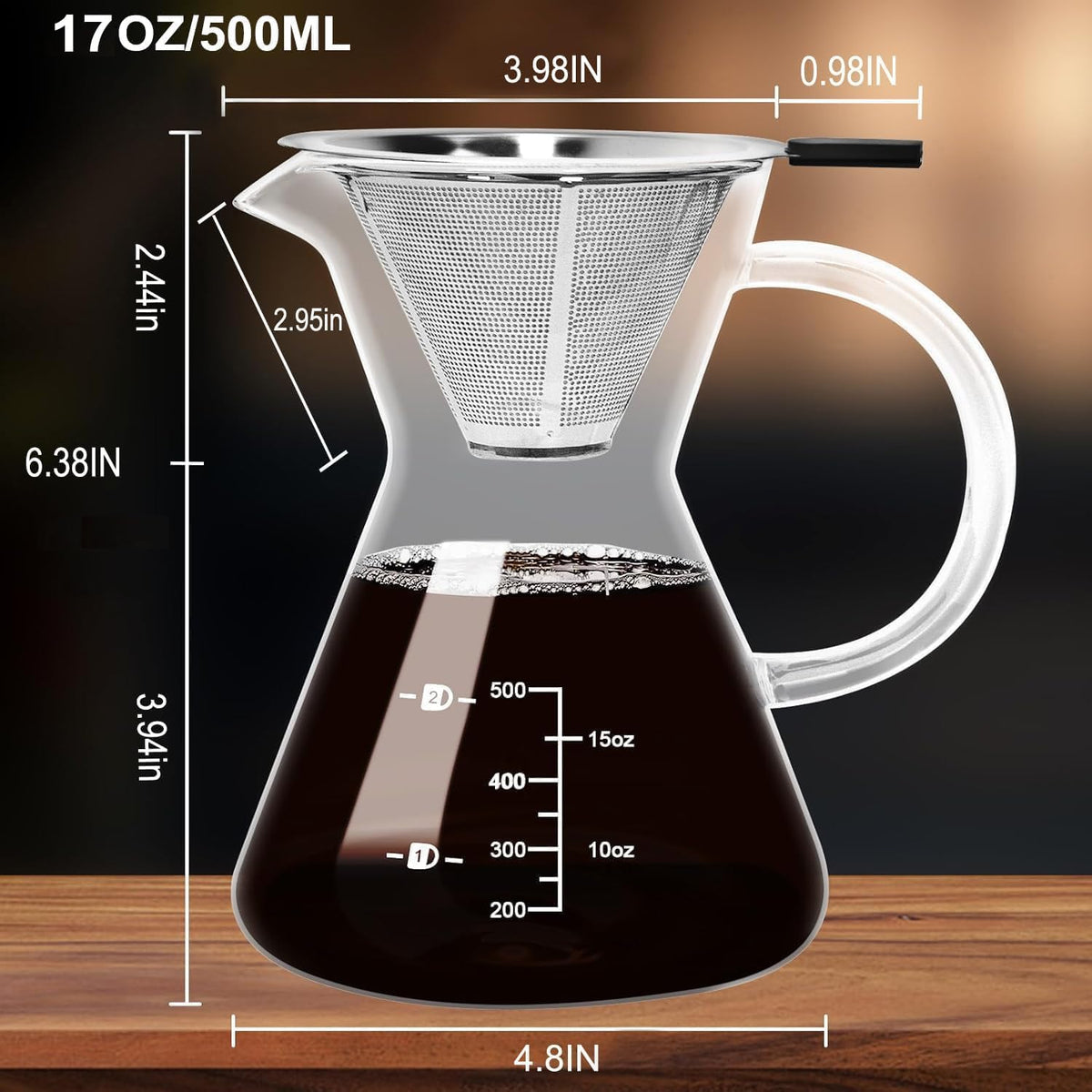 17oz/500ML Glass Pour Over Coffee Maker &amp; Stainless Filter | Double Stainless,Thickened Heat-Resistant Borosilicate Glass,Plastic Free Pour Over Coffee Dripper for Home,Camping