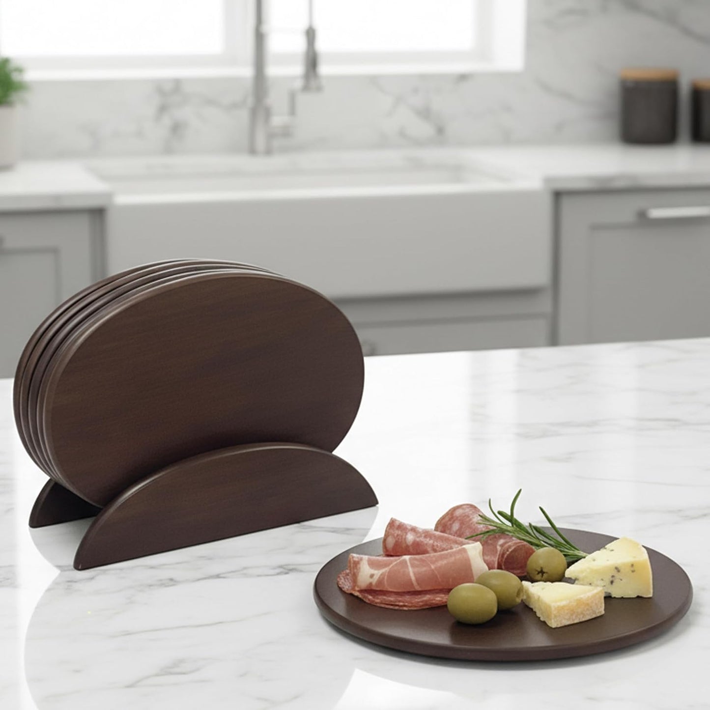 Woodard &amp; Charles Serving Boards with Stand, 7Pc Set, Walnut Stain, 10 Pack | Six Wood Serving Boards on a Display Stand; Serve Sushi, Cheese, Charcuterie, and Appetizers for Any Party or Catering Event