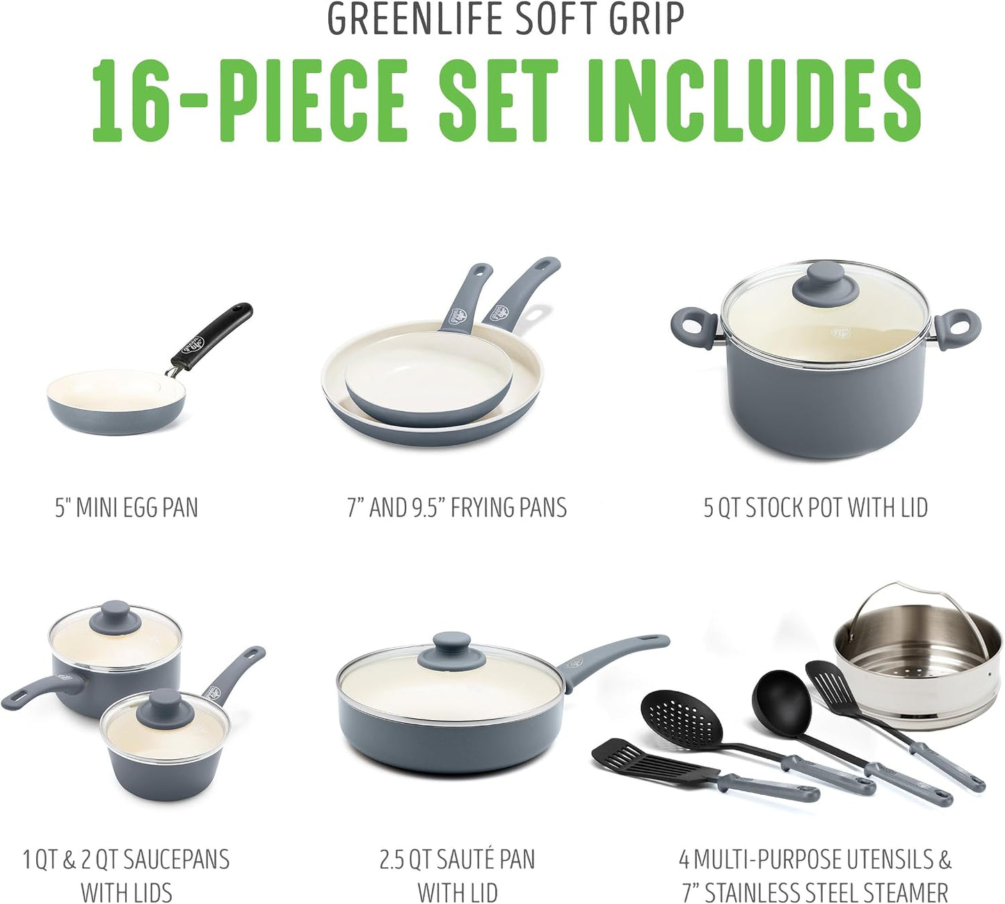 GreenLife 16 Piece Ceramic Nonstick Pots & Pans Cookware Set, Gray | PFAS-Free Nonstick Coating, Stockpot, Frying Pans