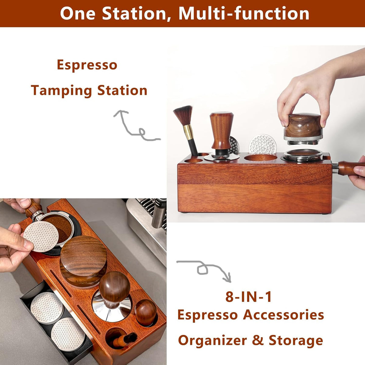 Espresso Tamping Station - 8 in 1 Espresso Coffee Organizer for Storage 51/53/54/58MM Espresso Tamper, Distributor, Portafilter &amp; Puck Screen Accessories, Wooden Tamper Station