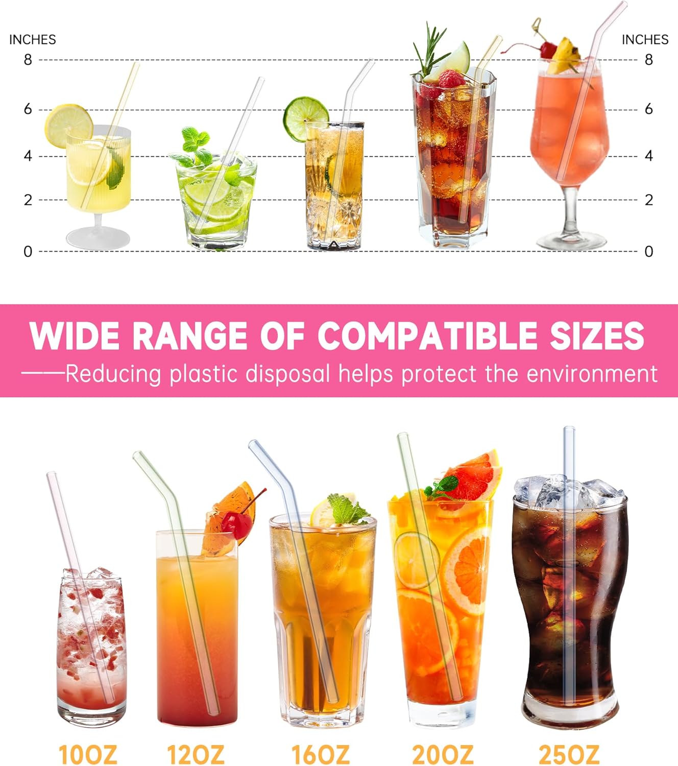 10 Pcs Reusable Glass Straws Shatter Resistant, 8” Colorful Glass Straws | Cute Colored Glass Straws, Set of 5 Straight &amp; 5 Bent Reusable Straws with 2 Cleaning Brush for Beverage, Dishwasher Safe