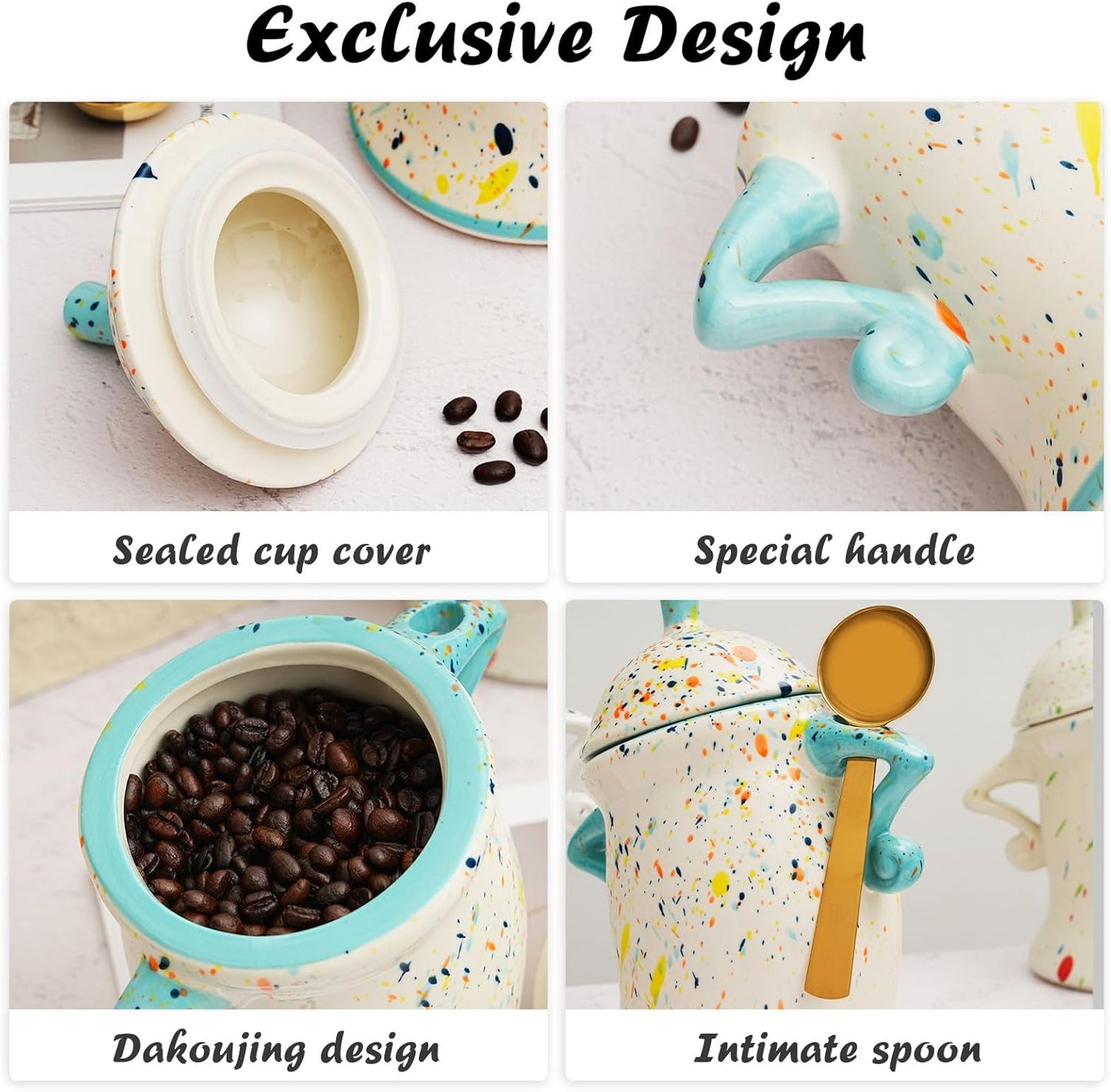 Canister With Attitude,Large Capacity Cute Sassy Storage Canister,Interesting food jars, stylish airtight large ceramic lids, coffee, tea, sugar and spice storage jars with spoons (Black and white)