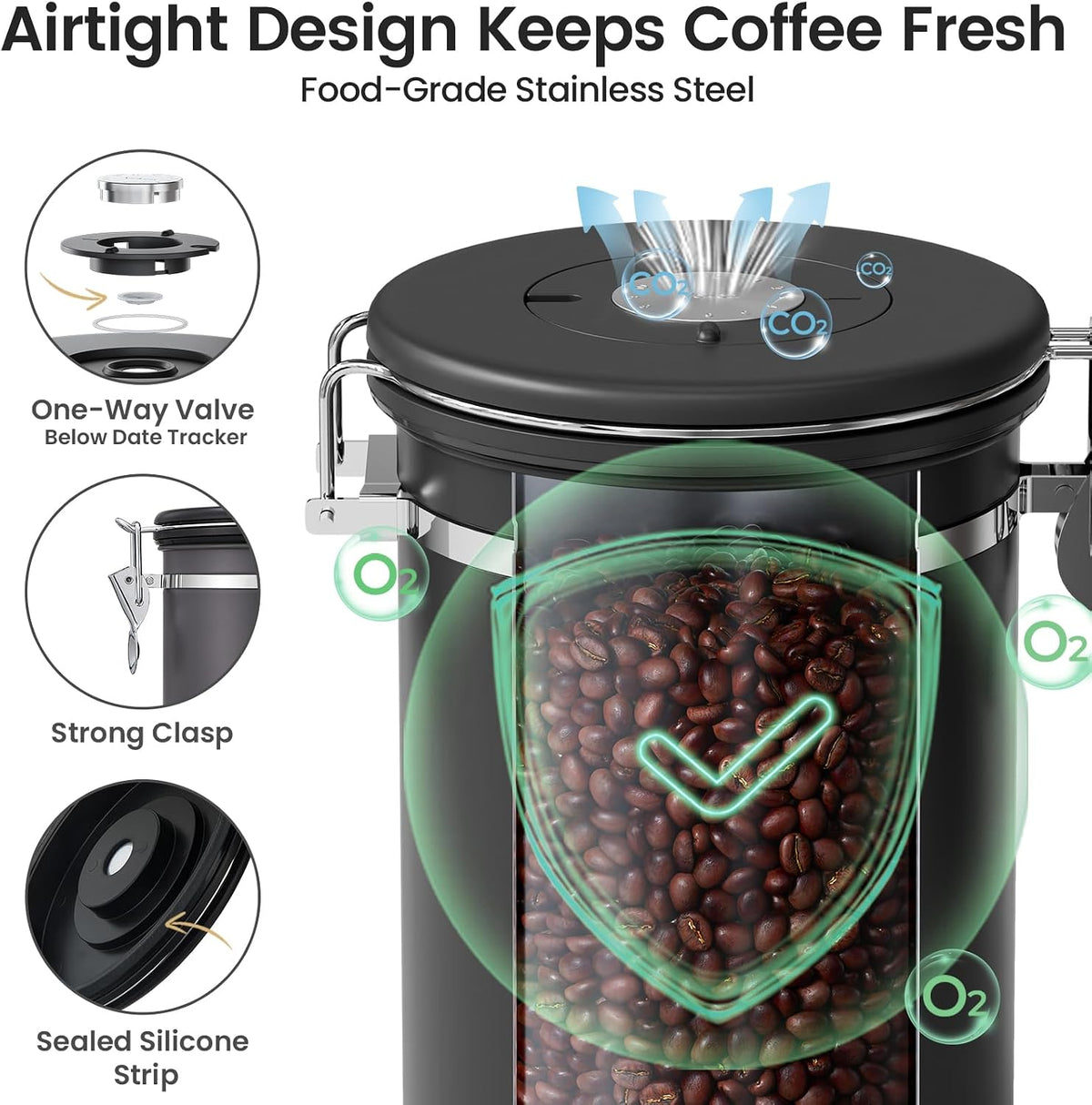 Veken Coffee Canister with Window, Airtight Stainless Steel Container, 22OZ | Kitchen Food Storage Pantry Organizers for Beans,Ground,Espresso,Rice,Tea,Sugar,Bar Accessories,Gifts,Lids,Jars, Scoop, Black