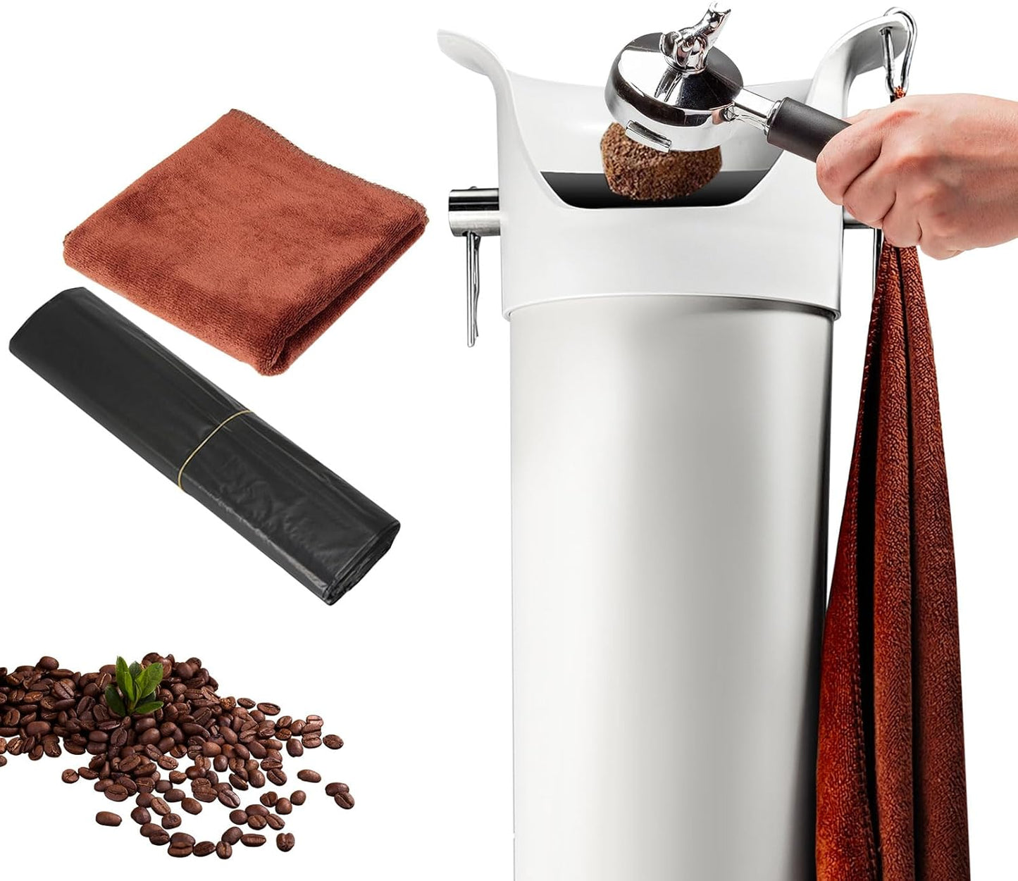 Knock Box for Espresso Grounds, Commercial Floor Standing Barista Style Absorbent Knockbox with Removable Non-Slip Base, Coffee Grind Collection Dump Bin,White