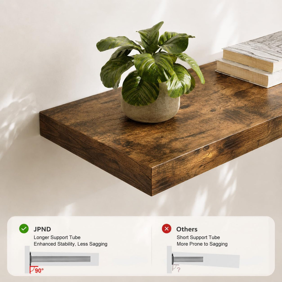 Floating Shelf, Set of 1 Wall Shelf, 24 in W x 10 in D x 1 in H Wooden Floating Wall Shelf with Invisible Brackets for Living Room/Bedroom/Bathroom/Kitchen Storage and Decor, Rustic Brown