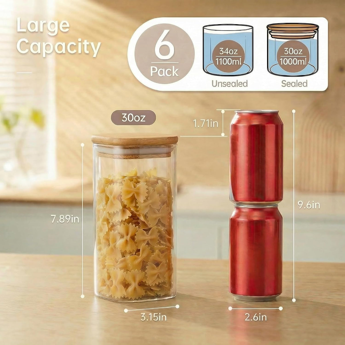Square Glass Jars with Bamboo Lids 30 FL OZ [Set of 6], Glass Canisters with Airtight Lid, Glass Food Storage Container for Pasta, Flour, Sugar, Rice, Best for Kitchen & Pantry