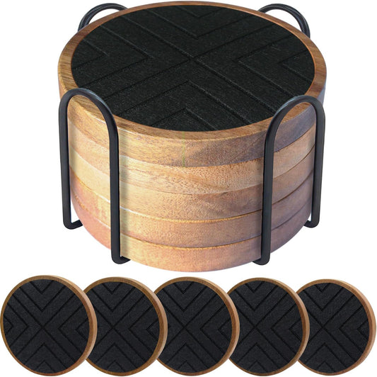 Coasters for Drinks Absorbent 5 Pack, Coasters for Coffee Table with Holder, Non-Slip, Non-Stick, Suit for Kinds of Cups 4.3 inch Black
