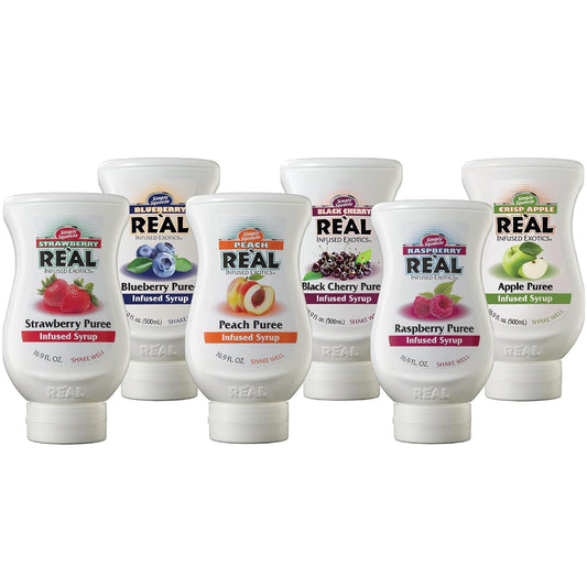 Reàl Infused Exotics Fruit Syrup Variety, 16.9 fl oz, 6 Pack | Strawberry, Raspberry, Peach, Blueberry, Black Cherry, Crisp Apple | Drink &amp; Recipe Use, Drip-Free Spout, Easy Dispensing