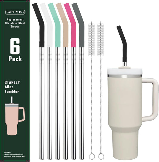 6 Pack 12 Inch Reusable Metal Stainless Steel Straight Straw,with 6Silicone Tips and 2Cleaning Brush for Simple Modern