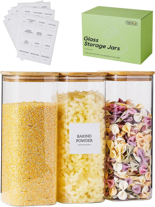 Glass Jars with Bamboo Lids 3 Pack, 61 Oz Airtight Square Storage Container, Clear Kitchen Canisters for Soild food,