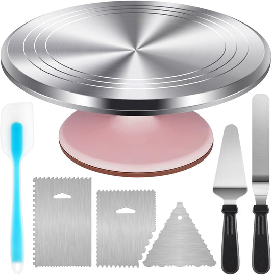 Kootek Aluminium Cake Turntable Set, Baking Tools with Revolving 12" Cake Stand for Decorating, 12.7" Offset Spatula, 3