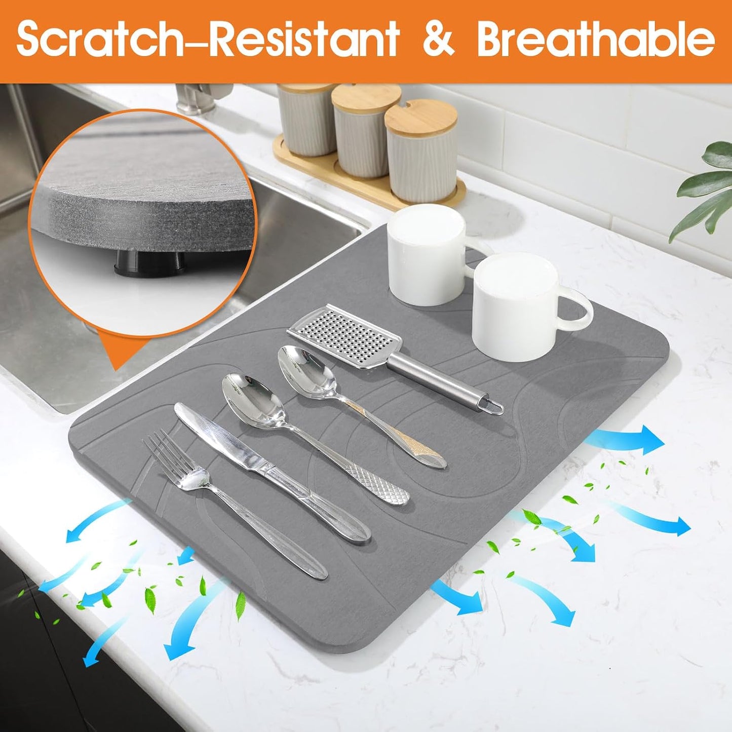 Snuggery Stone Drying Mat for Kitchen Counter 18"x14" (Dark Grey) | Natural diatomaceous earth, fast absorption, quick drying, one-piece design for dishes or under dish racks, non-slip base