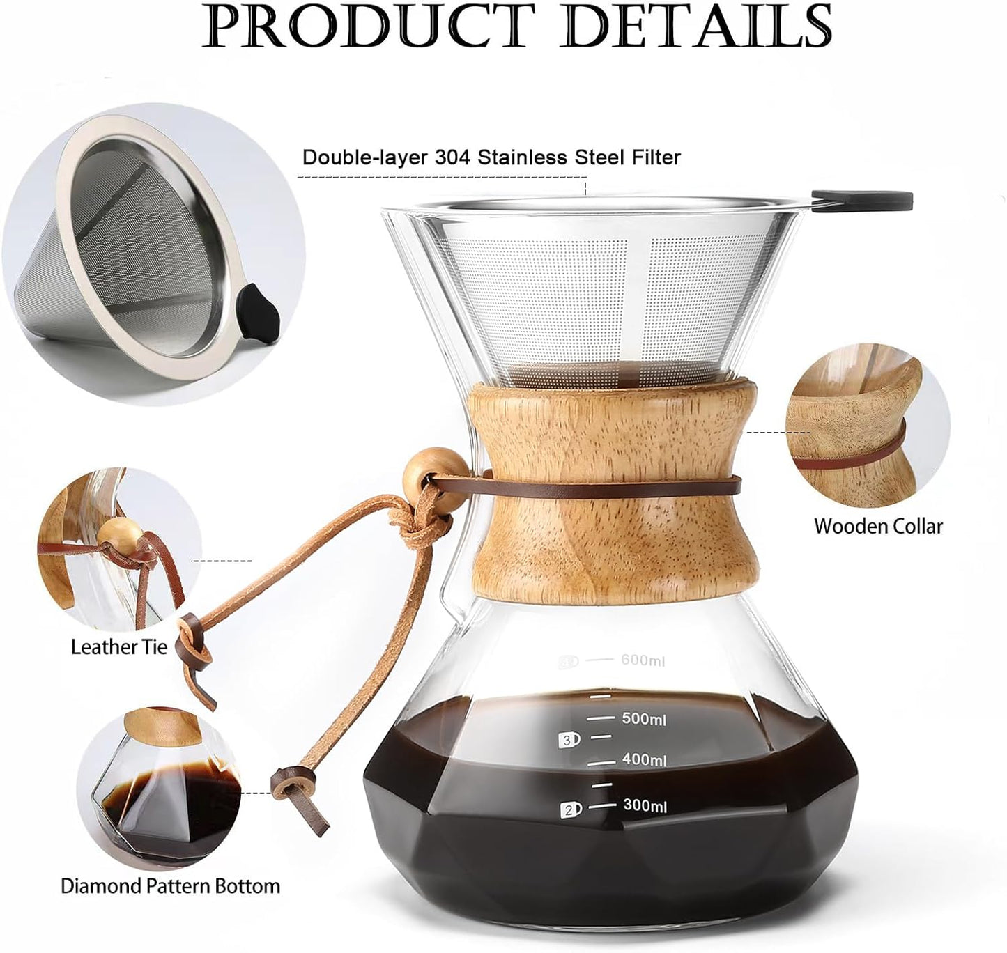 Pour Over Coffee Maker with Stainless Steel Filter, 20 oz Borosilicate Glass Coffee Carafe, Wooden Collar, Coffee Maker Carafe, Hold 3-4 Cups, 600 ml, Clear