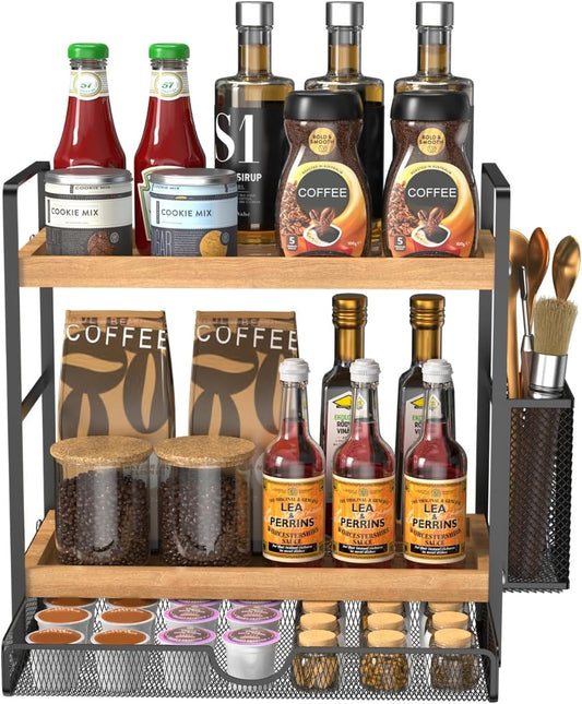 2 Tier Spice Rack Organizer for Countertop with Drawer and Basket, Suitable for Coffee Organizer, Kitchen Counter Storage,