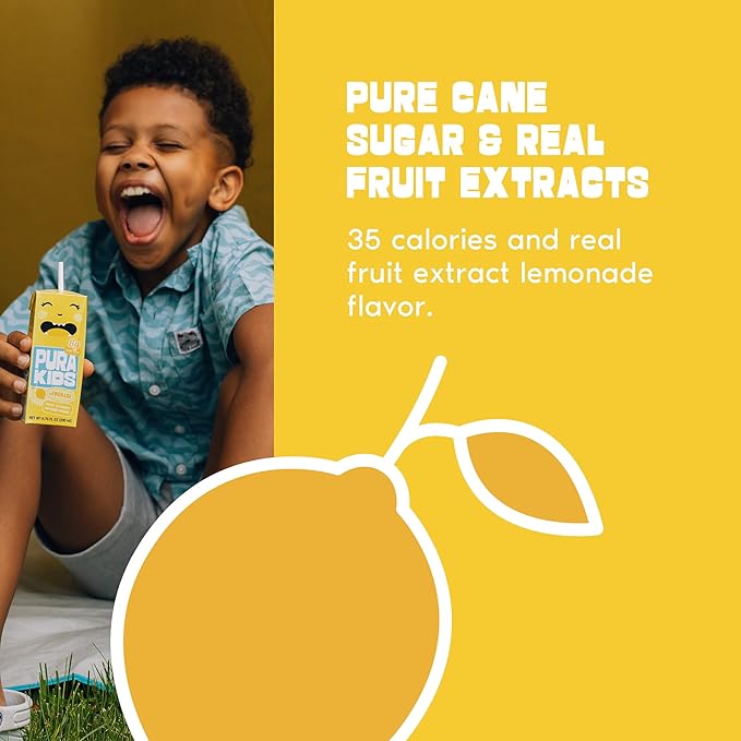 PURA Kids Box | Lemonade Fruit extract infused Drink for kids | 8g Pure Cane Sugar | Non-GMO | Vegan, No Artificial Sweeteners | Best Lunchbox Beverage with Paper Straw | 6.76 fl oz (200ml), Pack of 24
