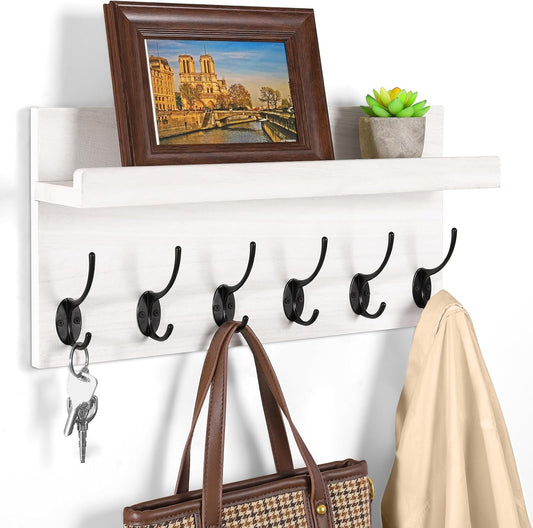Shelf with Hooks, Coat Rack Wall Mount with 6 Double Metal Hooks, 17 Inch Farmhouse Wall Hooks with Shelf for Entryway,