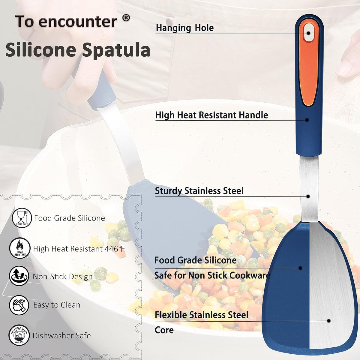 5 Pieces Silicone Spatula Set, Non-Stick Silicone Turner Spatulas, Heat Resistance Cooking Utensils, Flip Turner for Fish, Egg, Pancake, Navy Blue