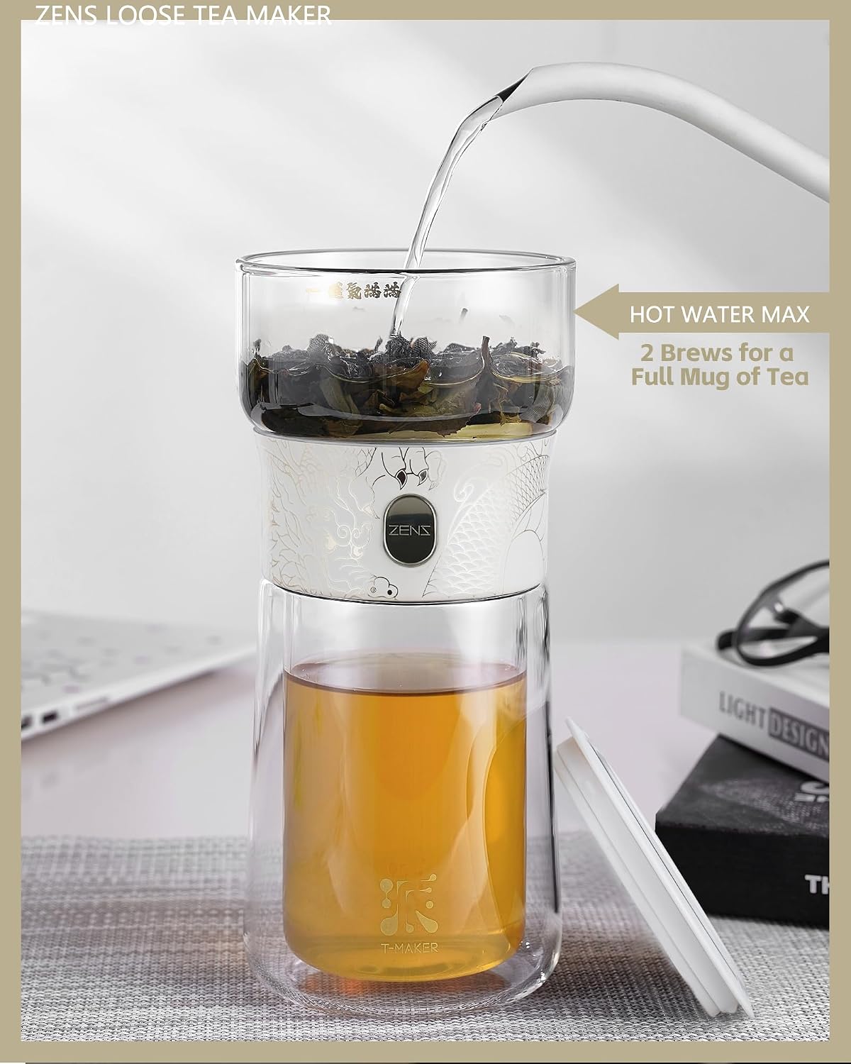 ZENS Glass Tea Infuser Pot, Modern One Touch Tea Maker for Tea Steeping | Loose Tea Diffusers, Magic Tea Pot with 9oz Insulated Mug and Portable Bag for Tea Lovers Gifts, Dragon