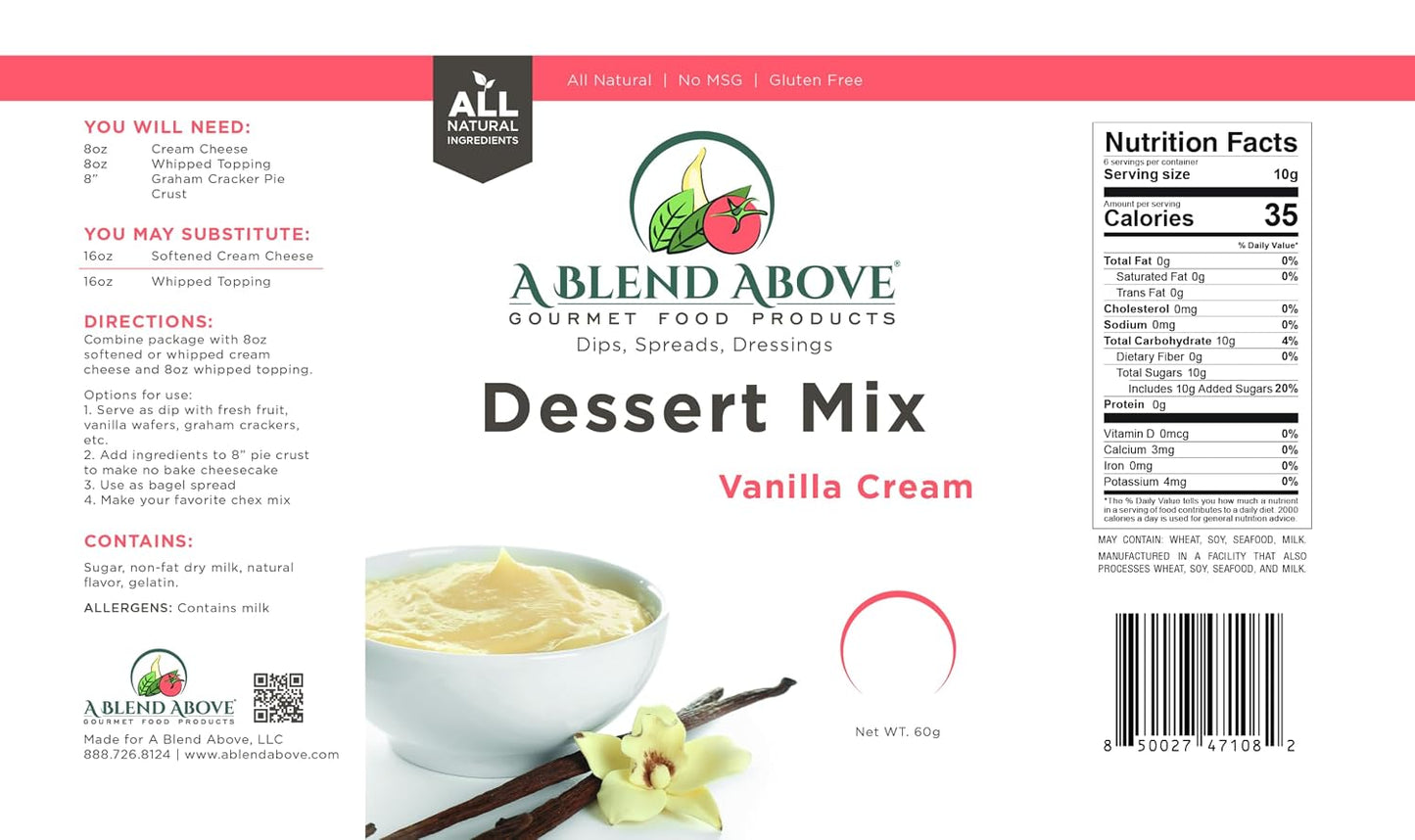 A Blend Above Vanilla Cream Cheesecake Mix - No-Bake Desserts, All Natural, Gluten Free, No MSG - Instant Dessert Mix, Fruit Dip, Bagel Topping, Frosting, Cheesecake Filling - Makes 16 Oz (Pack of 3)