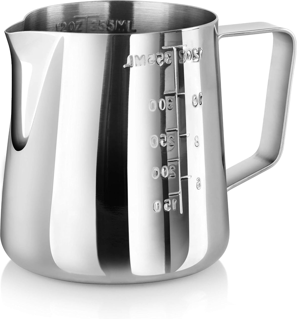New Star Foodservice 28805 Stainless Steel Frothing Pitcher, 12 oz Espresso Milk Steaming Cup with Measurement Scale, Commercial Grade 18/8 Barista Pitcher for Lattes, Cappuccinos, Coffee, Silver