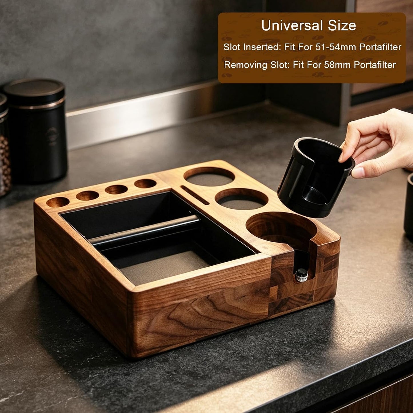 Espresso tamping station knock box,tamper station,Espresso station fit for storage 51-58mm tamper,distributor,portafilter,puck screen accessories,9 in 1 espresso knock box and tamper station