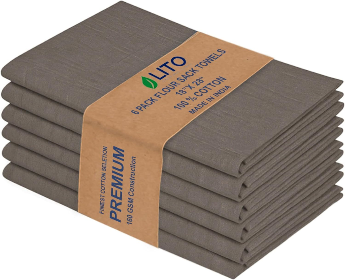 LITO LINEN AND TOWEL Flour Sack Towels Charcoal (Charcoal, 18"x28"-Pack of 6)