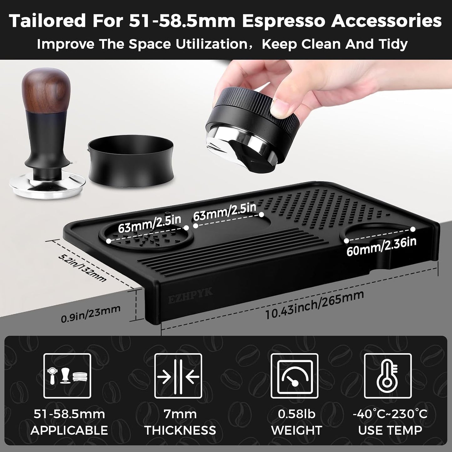 Silicone Espresso Tamping Mat for Counter Coffee Tamper Mat Black | 10.43″×5.63″ Portafilter Mat for Barista Espresso Machine Accessories, Waterproof Coffee Bar Mat, Heat Resistant Tamp Station