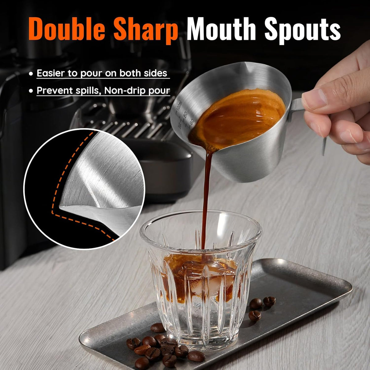 YARRAMATE Stainless Steel Espresso Shot Cup, 3.4oz (Silver, 2 Pack) | Heat Insulated Grip, Stackable, Dual-Scale Accuracy, Easy to Rinse Clean, Fits Espresso Maker