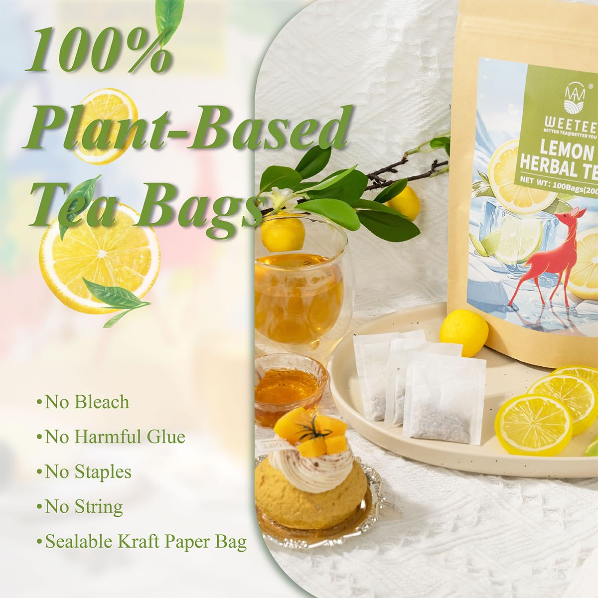 WT WEETEE Lemon Herbal Tea Bags 100ct, Juicy Lemon Flavor, Hot Iced &amp; Cold | Natural Caffeine-free Lemon Tea with Rose Hip &amp; Lemon Peel, Bright, Refreshing Sweet-and-Sour Infusion for On-the-Go