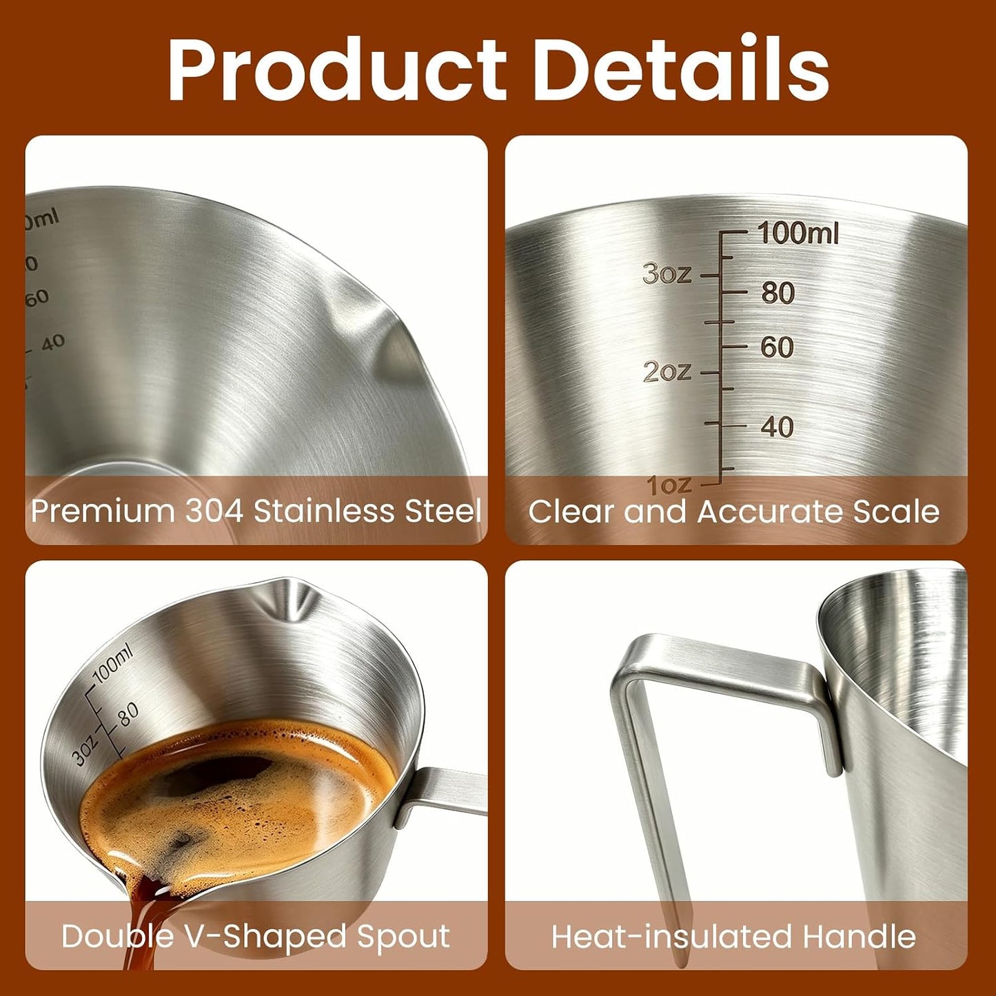 3 Pc Stainless Steel Espresso Shot Cups, 3.4oz/100ml, Silver | Double Spout Measuring Cups with Handle, V-Shaped Mouth, Ideal for Espresso Brewing and Coffee Making