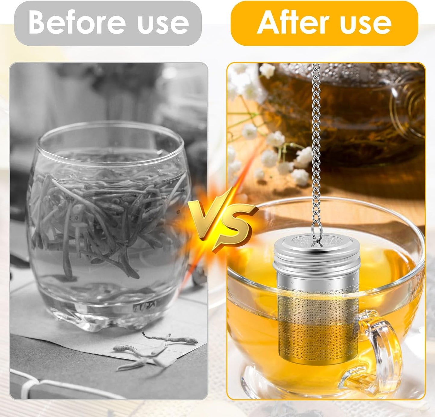 4 Pack Tea Infuser for Loose Leaf Tea, Extra Fine Mesh 304 Stainless Steel Tea Strainers with Drip Tray and Chain Hook, Reusable Tea Ball Steeper for Mug Teapot, Spice Diffuser