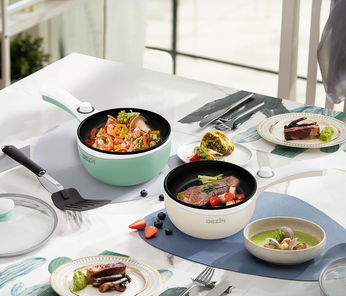 Dezin Hot Pot Electric Upgraded, Non-Stick Sauté Pan, Rapid Noodles Electric Pot, 1.5L Mini Portable Hot Pot for Steak, Egg, Fried Rice, Ramen, Oatmeal, Soup with Power Adjustment