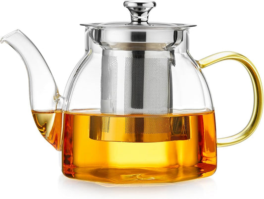Glass Tea Pot with Stainless Steel Infuser and Lid (Octagonal), Clear Glass Teapot, Borosilicate Hydrochloric Glass Heat