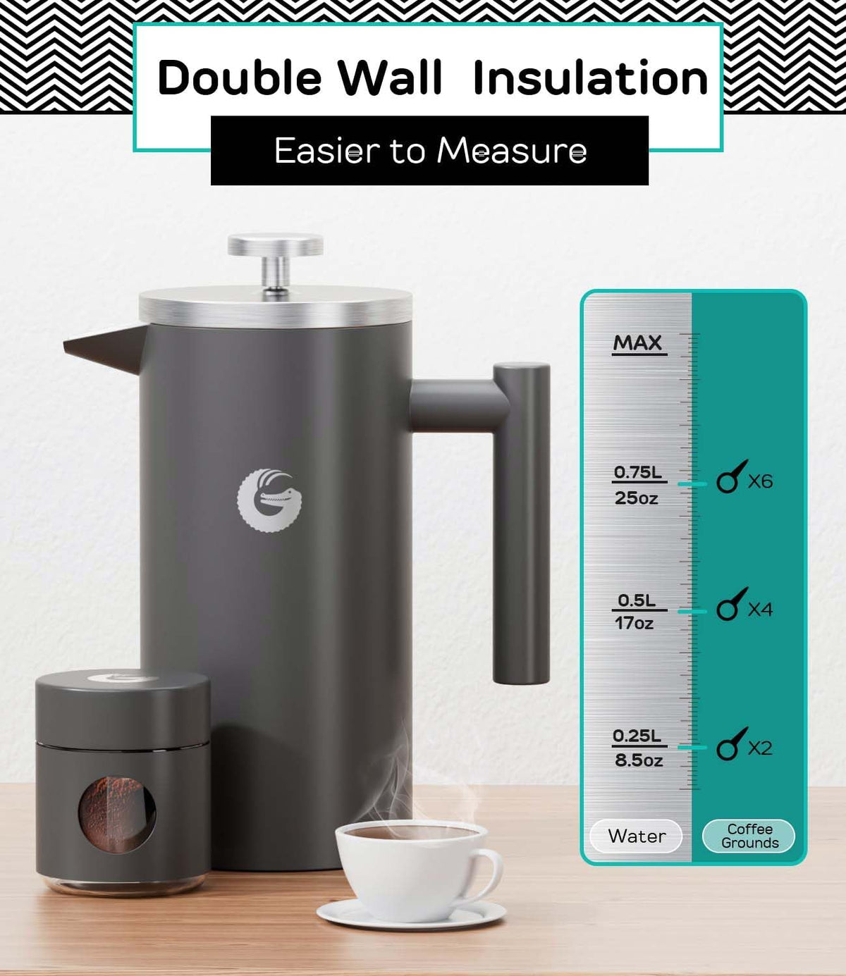 Coffee Gator French Press Coffee Maker 34 oz, Non-Toxic, Gray