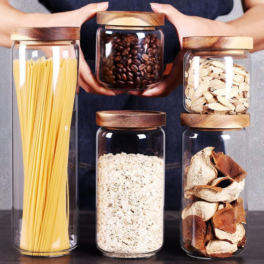 SAIOOL Set of 5 Kitchen Canisters,Thick, Stackable, Natural Style,Cookie, Rice and Spice Jars - Sugar or Flour Container -