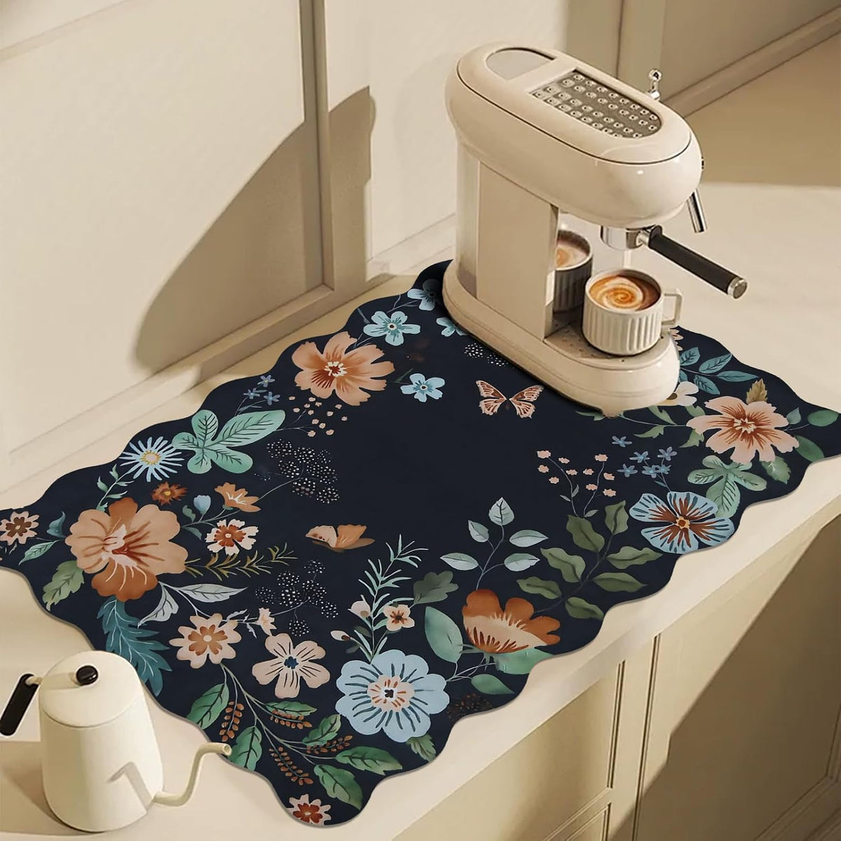 Scalloped Bohemian Coffee Bar Mat Dish Drying Mats for Kitchen Counter