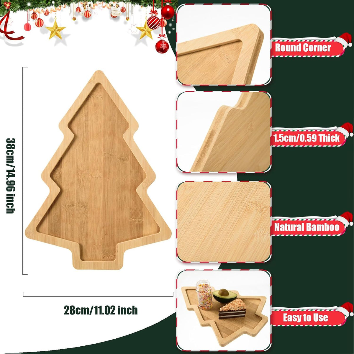3 Pcs Christmas Wooden Appetizer Tray Christmas Tree Shaped Wooden Serving Platter Sushi Serving Tray Wood Charcuterie Board Tray Snack Dessert Candy Dish Plate for Christmas Home Kitchen,15x11x0.59"