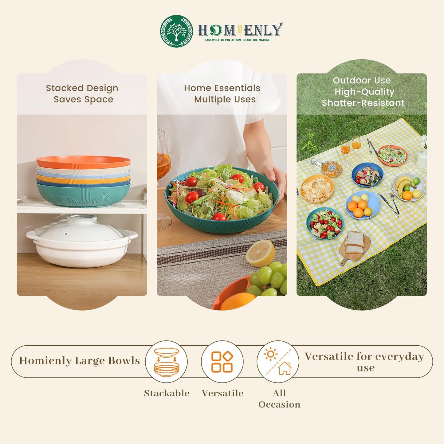 Homienly Salad Bowls, 60 OZ Large Salad Bowls for Kitchen, Wheat Straw Bowl Set of 6, Unbreakable Microwave and Dishwasher Safe Bowl for Camping, Outdoor, Serving Bowl Set for Dinner, Fruit (Multi)