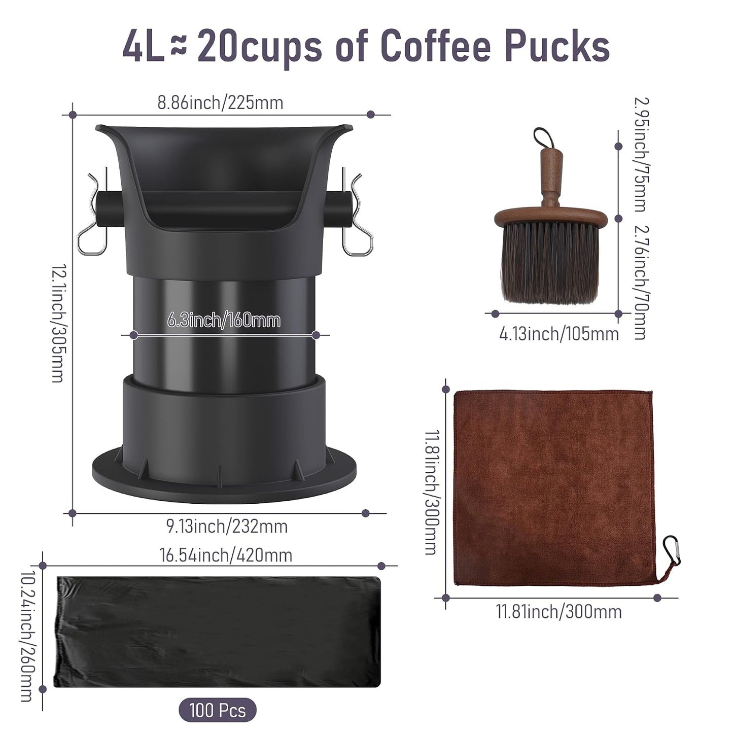4L Espresso Knock Box, Coffee Grounds Disposal and Recycle Trash Can with Brush, Towel and 100 pcs Collecting Bags, Barista Essential Coffee Accessory for Cafe Shop Home Bars Office Work Breakroom