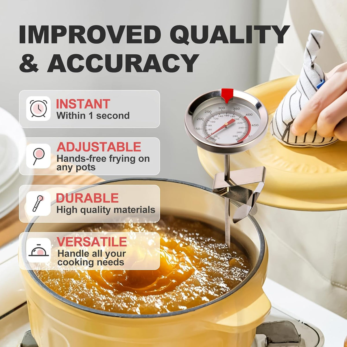 Candy Thermometer Waterproof IP67 - Oil Thermometer for Frying with Clips - 9" Side of Pot Thermometer Deep Fry for Oil Candy Candle BBQ - Silver