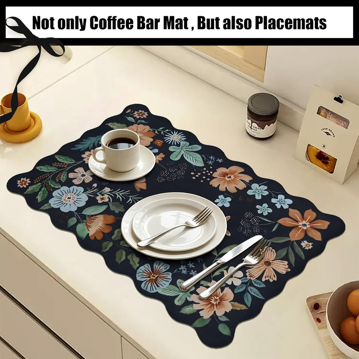 Scalloped Bohemian Coffee Bar Mat Dish Drying Mats for Kitchen Counter