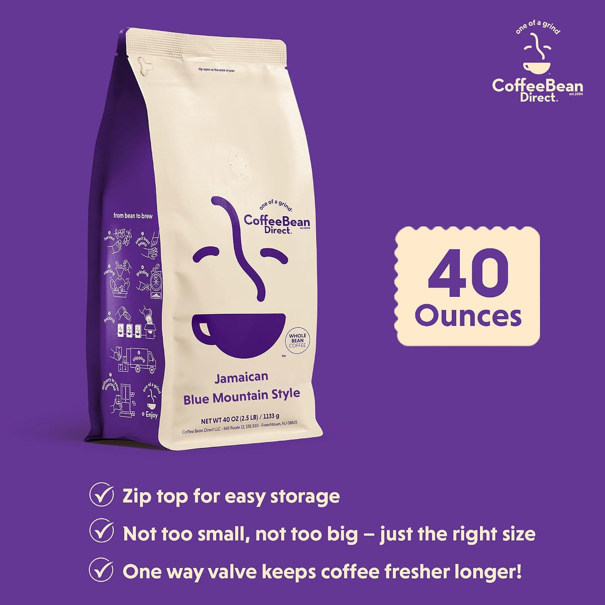 Coffee Bean Direct Jamaican Blue Mountain Style, Whole Bean, 2.5lb Bag | Light Roast, Handcrafted Blend, Arabica Coffee Beans