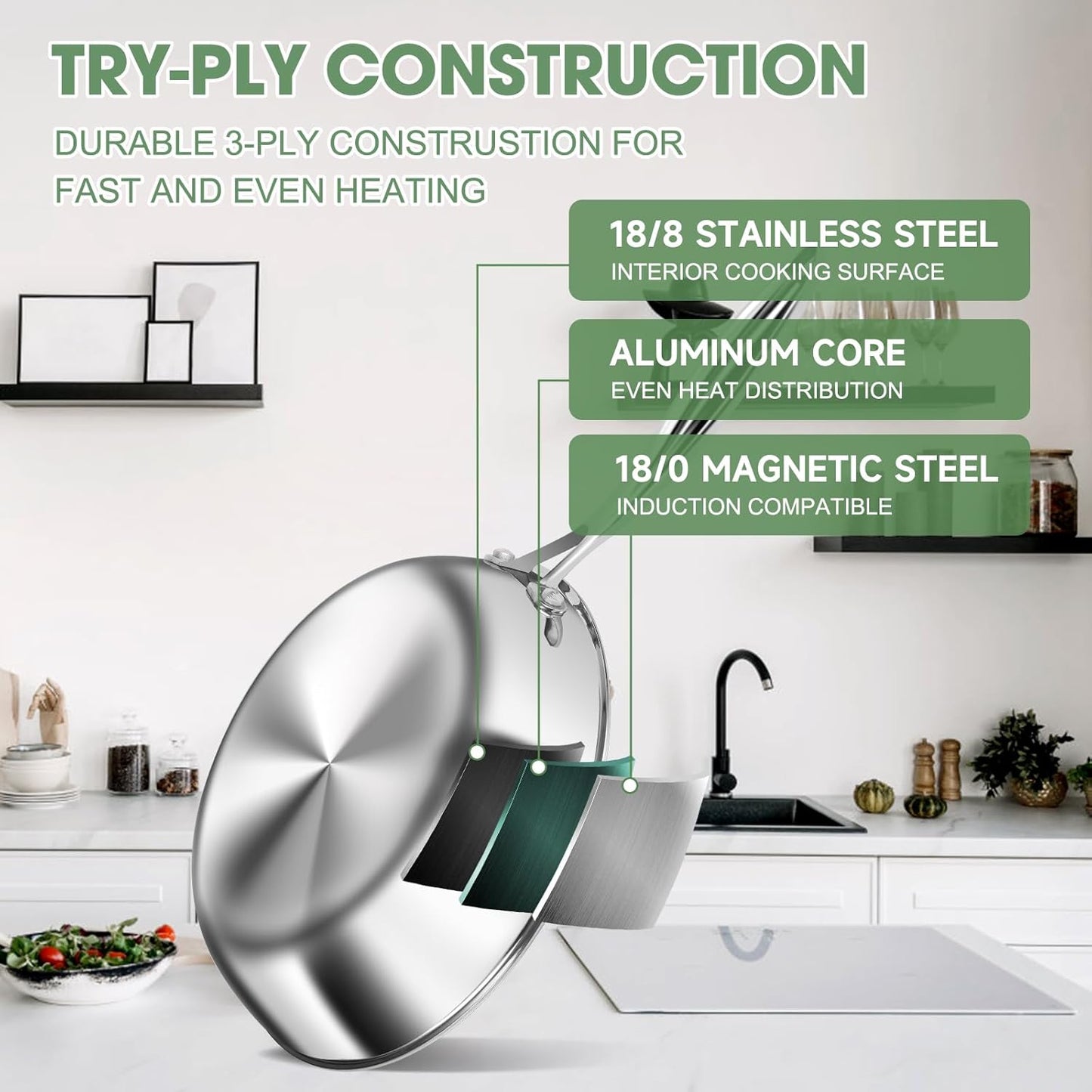 3 Ply Stainless Steel 11-Piece Cookware Set with Lids, Pots and Pans Kitchen Set, Non-Toxic, Induction, Oven, Dishwasher