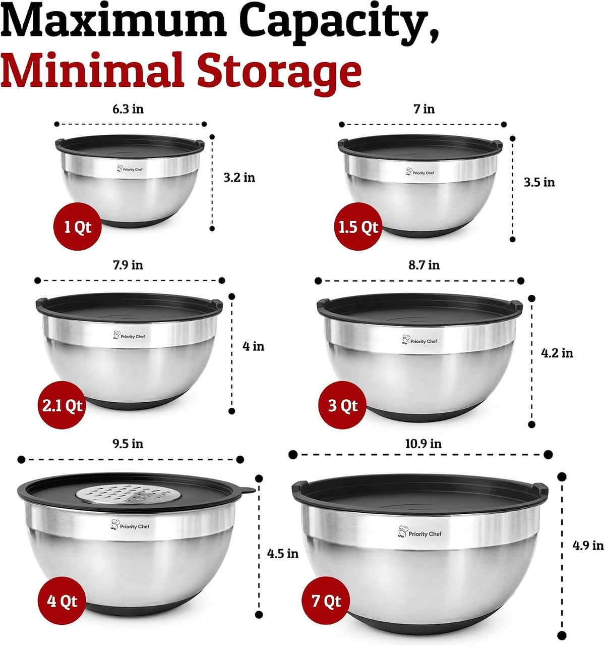 Priority Chef 6pc Stainless Steel Mixing Bowls with Lids Set, 7 Qt, Black