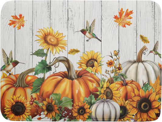 Autumn Harvest Pumpkin Dish Drying Mat for Kitchen Counter Sunflower Maple Leaves Fall Dish Drying Mat 18”x24” Thanksgiving