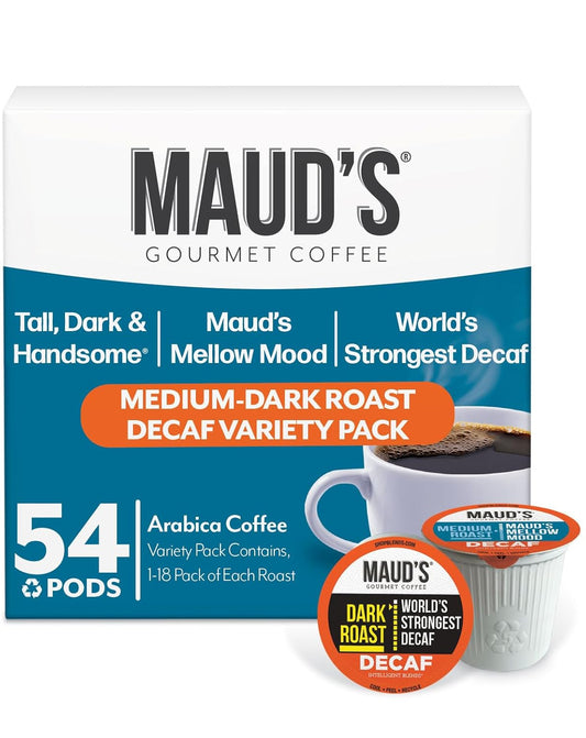 Maud's Decaf Dark Roast and Decaf Medium Roast Coffee Pods Bundle, 54 ct, Decaffeinated Coffee in Recyclable Single Serve Pods – 100% Arabica Coffee